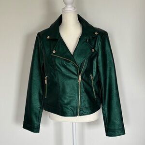 Joseph Ribkoff Metallic Emerald Green Faux Leather Moto Biker Jacket Medium NWT